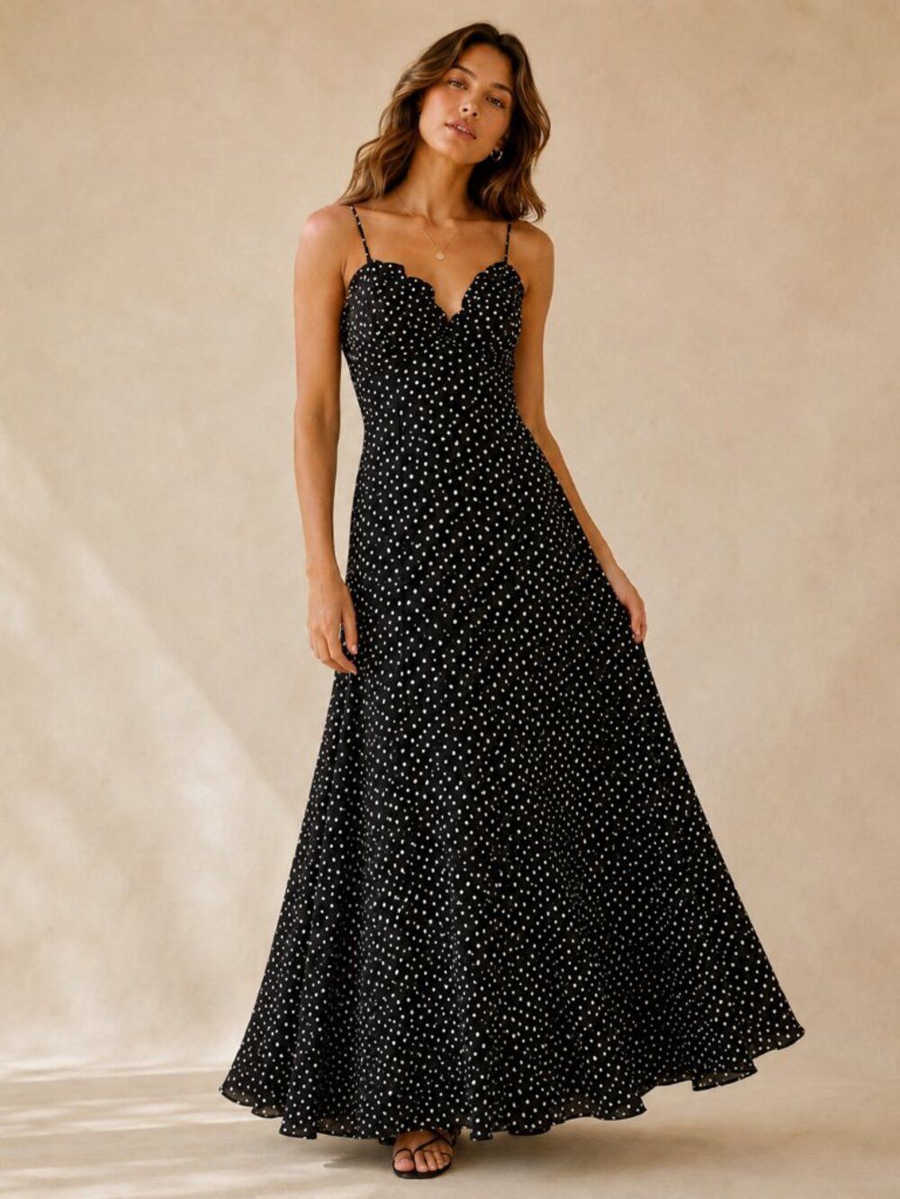 Max Studio XS Black White Polka Dot Scallop Sweetheart Strappy Maxi Dress